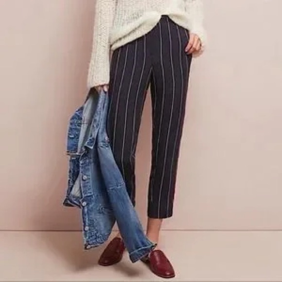 Large ett:twa Anthropologie pull on cropped pants navy white stripe red piped - Picture 10 of 17
